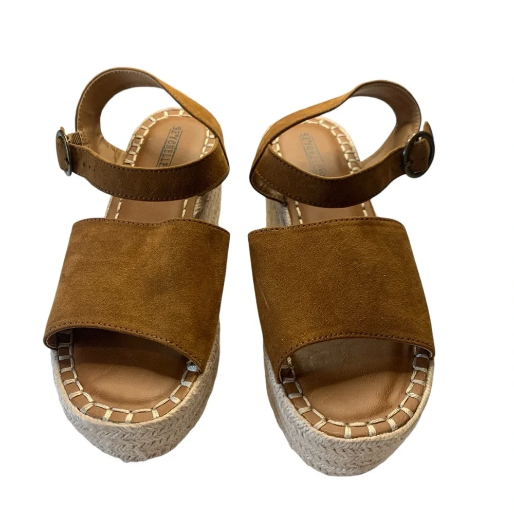 Seychelles Saddle Brown Faux Suede Leather Platform Wedge Espadrilles Size 7.5